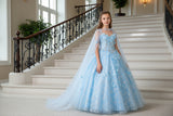 3D Flower Applique Jewel Mesh Kids Dress with Long Mesh Cloak