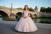 Spaghetti Strap Sequin Mesh Kids Dress with a Detachable Ribbon and Ruffled Back Skirt