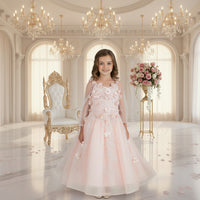Floral Applique Glitter Mesh Kids Dress With Detachable Drape