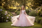3D Flower Applique Embellished Kids Dress With Cold Shoulder Detachable Cape Sleeves