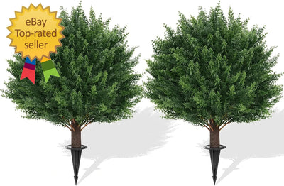 16 Inches Artificial Cedar Topiary Ball Trees with Ground Spike, 2 Pack UV Resi