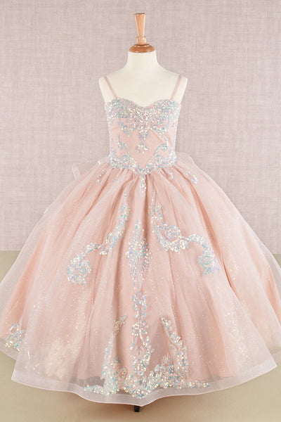 Spaghetti Strap Sequin Mesh Kids Dress with a Detachable Ribbon and Ruffled Back Skirt-0