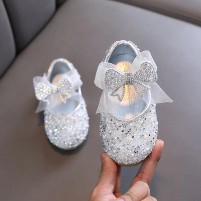 New Girl's Princess Shoes Children's Fashion Bow Rhinestone Sequin Kids Shoe Baby Girls Party Student Flat Leather Shoes MARVIE JOE