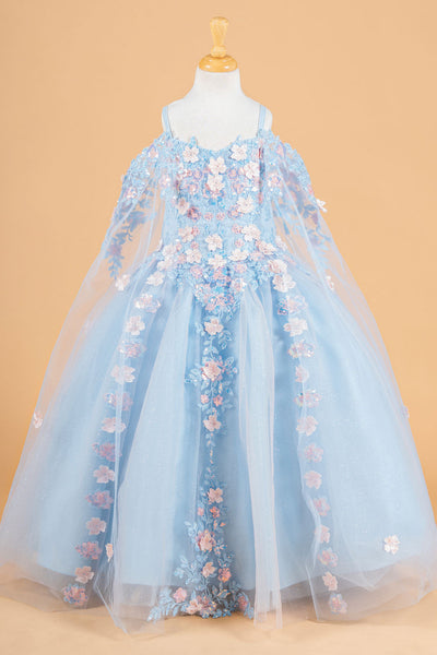 3D Flower Applique Embellished Kids Dress With Cold Shoulder Detachable Cape Sleeves-0